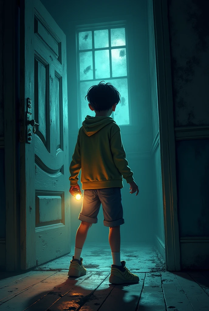 Boy turn on flashlight in horror house in the.Animation Form