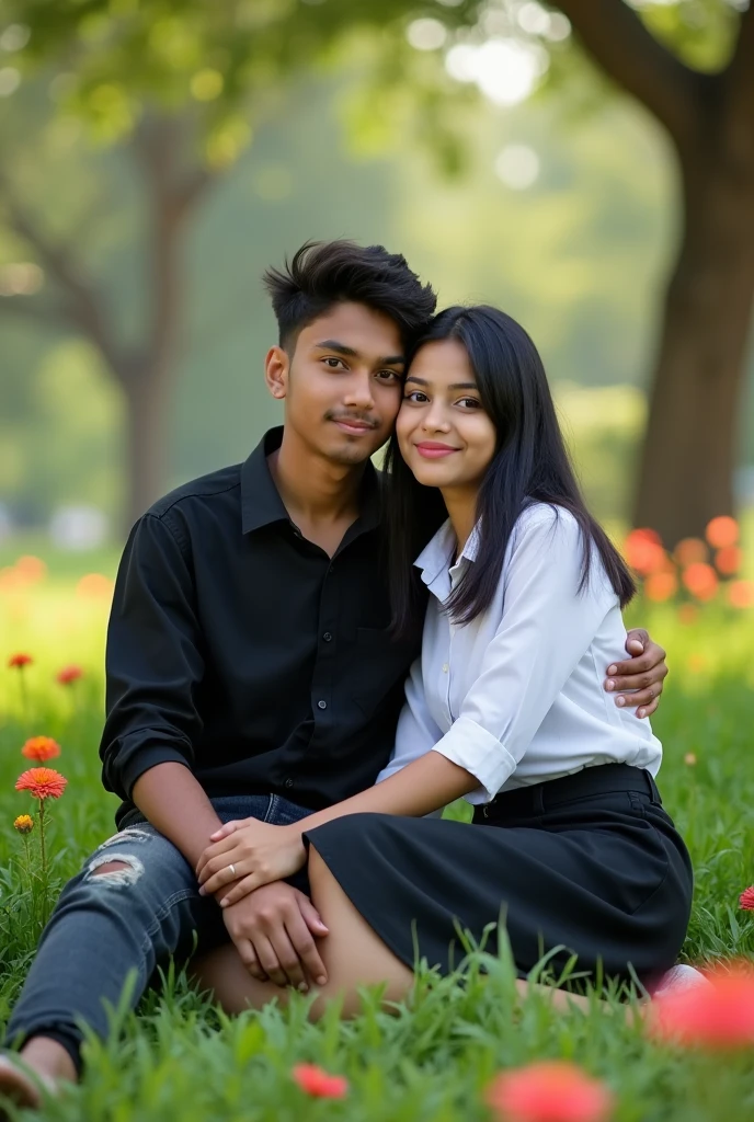 A 19 year old Indian school pritty girl in a white school shirt and black coat uniform is sitting on the lap of a  old Indian boy with long black hair wearing a black shirt and jeans in an Indian park. Both are looking straight at the camera. There is an atmosphere of love all around.