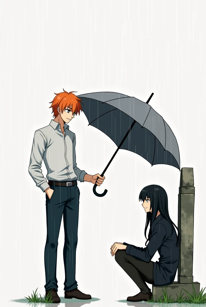 A guy with long black hair, gray eyes, Beautiful face, beautiful body, He sits leaning against a tombstone, It's raining, sad, a guy with orange hair and blue eyes next to him, Beautiful face, beautiful body, holding a gray umbrella over him, anime art, realistically, super detail, masterpiece