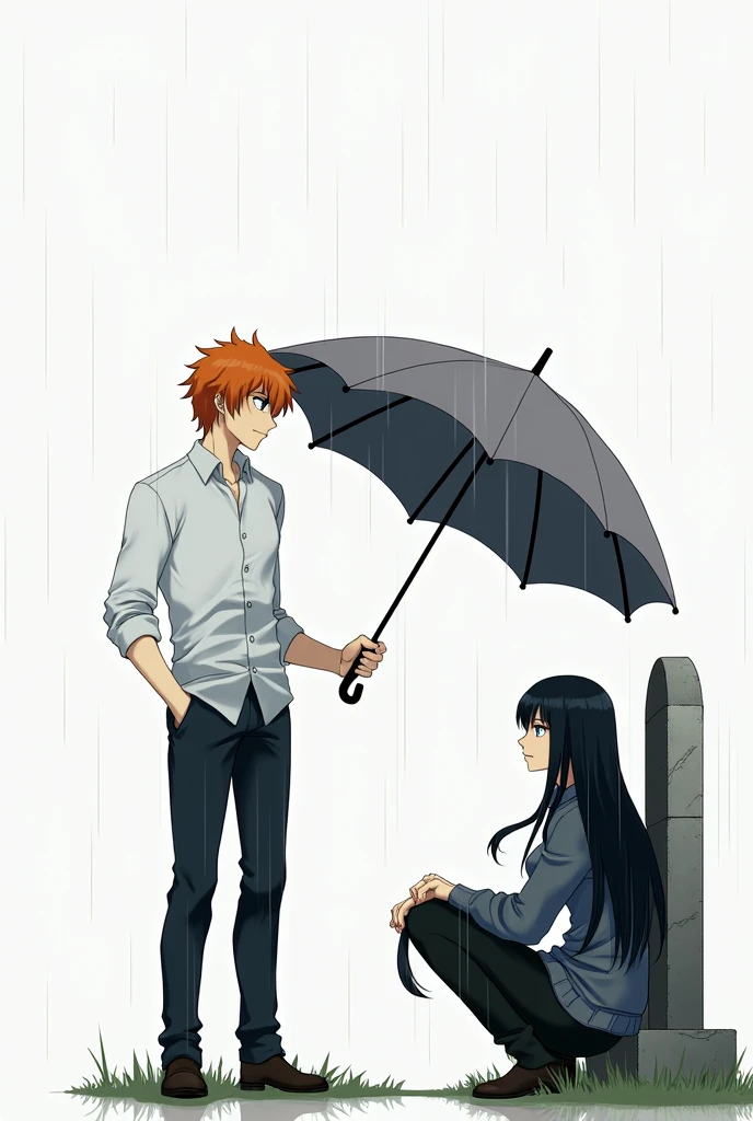 A guy with long black hair, gray eyes, Beautiful face, beautiful body, He sits leaning against a tombstone, It&#39;s raining, sad, a guy with orange hair and blue eyes next to him, Beautiful face, beautiful body, holding a gray umbrella over him, anime art, realistically, super detail, masterpiece