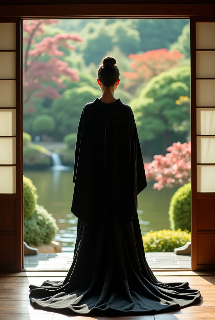 A stunningly beautiful and glamorous woman of 40, dressed in a beautiful black kimono, stands by the window of a traditional Japanese room in a Japanese garden.。Very large, pendulous breasts、a perfect glamorous mature woman's proportions、super realistic mature's body and skin,very huge sagging tits,very glamorous figure,dark brunette straight japanese bun hair,movie「KILL BILL」A scene of taut beauty, like a painting、