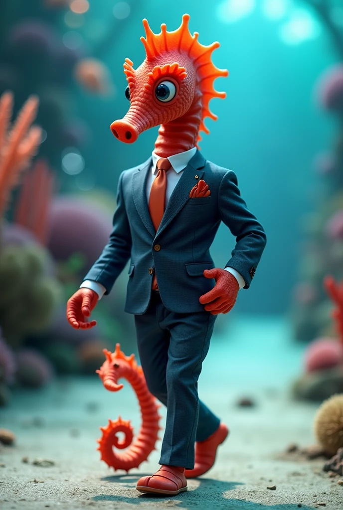 Cute baby Red sea horse with funny giant head wearing muscular business suit in realistic full body fashion show