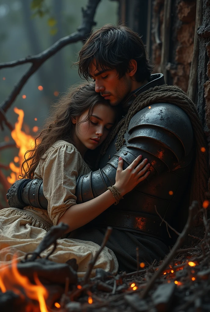 Injured burning girl in lap of a prince and burning black house