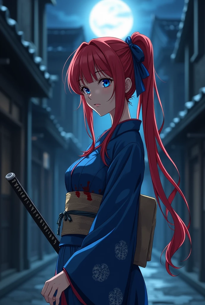 An anime Japanese woman in a kimono, with blue eyes, red hair in a long ponytail, gray hakama, and a blue outfit. She has a katana on her left hip and large breasts. She has a blue ribbon in her hair. It is night, and the street in Kyoto is very dark. She is in the middle of killing, covered in blood pouring down her body like a waterfall. Her face is down, and she is biting her lower lip. Her eyes are devoid of light. She is standing.