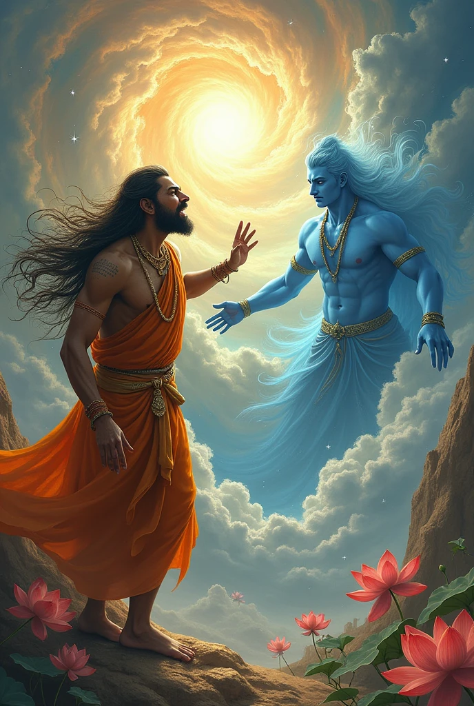 Narad Ji Attempting to Curse Lord Vishnu**  
    *Narad Muni raises his hand, attempting to curse Lord Vishnu out of anger.*
