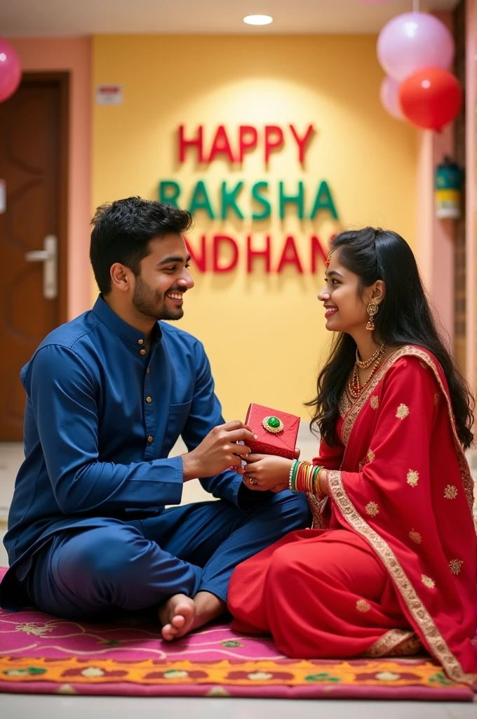 A real 20 year old Cute boy name Mehul and girl name Jyotsana are sitting face to face on a colorful mat in the home lobby, the boy has extended one of his hands forward, And Girl tying Rakhi on brother's hand. boy is wearing a Blue colored kurta And the girl is wearing a Red Lahenga, boy has a gift box in his other hand, is smiling, boy has applied tilak on his forehead, and on the wall in bold letters "HAPPY RAKSHA BANDHAN" "Harish & Nisha" It is written, 4k image