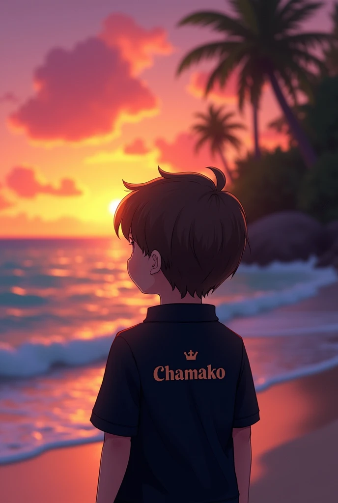An image of a boy watching the sunset with slightly wavy hair, with a black polo shirt that says Chamako, and a little further down a crown
