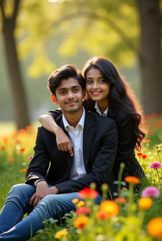 A 19 year old Indian school pritty girl in a white school shirt and black coat uniform is sitting on the lap of a 17 year old Indian boy with long black hair wearing a black shirt and jeans in an Indian park. Both are looking straight at the camera. There is an atmosphere of love all around.