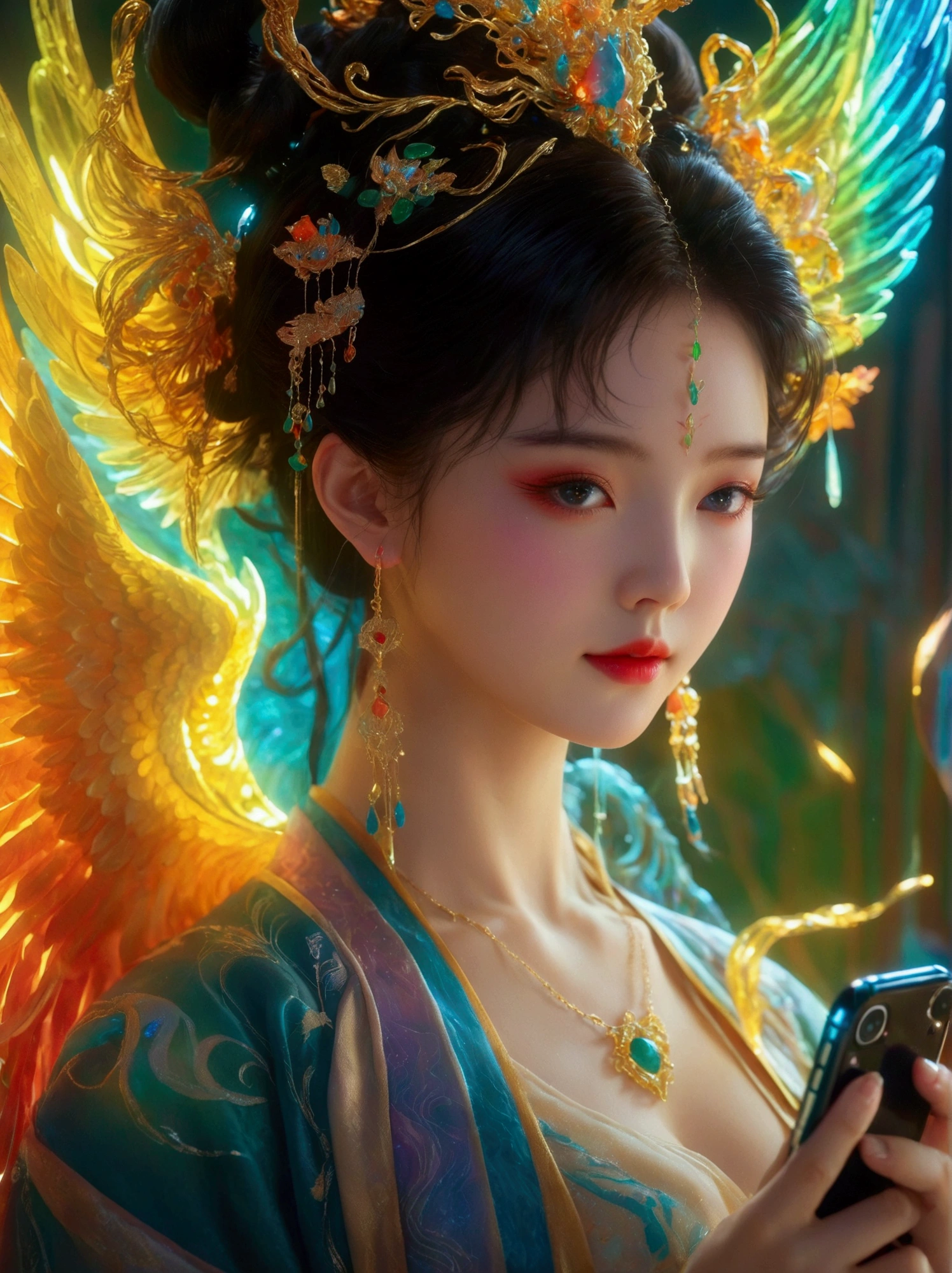 Three-dimensional ancient style，Vibrant Chinese Aesthetics，Classical Girl with Angel Wings，Holding a cell phone in his hand，whole body，Vibrant colors，sparkling，Embraces Flashing Stone Texture，Semi-Transparent Crystal Material，Colorful gradient fluorescence，Exquisite，Light Wave，Tradition，Exquisite，Perfect composition，Ultra HD，Crescent earrings，Raise your eyebrows，Jade Phoenix Branch，Forehead Gem，Surrealism，uhd，masterpiece，precise，Anatomically correct，Textured Skin，Super Detail，8k