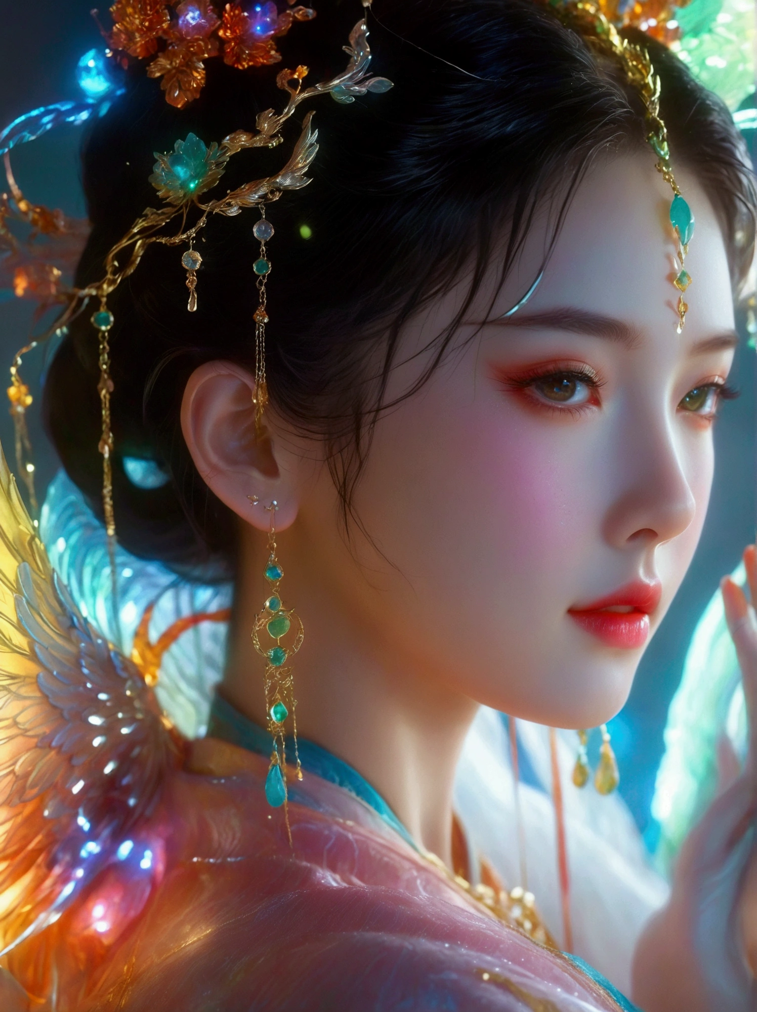 Three-dimensional ancient style，Vibrant Chinese Aesthetics，Classical Girl with Angel Wings，Holding a cell phone in his hand，whole body，Vibrant colors，sparkling，Embraces Flashing Stone Texture，Semi-Transparent Crystal Material，Colorful gradient fluorescence，Exquisite，Light Wave，Tradition，Exquisite，Perfect composition，Ultra HD，Crescent earrings，Raise your eyebrows，Jade Phoenix Branch，Forehead Gem，Surrealism，uhd，masterpiece，precise，Anatomically correct，Textured Skin，Super Detail，8k