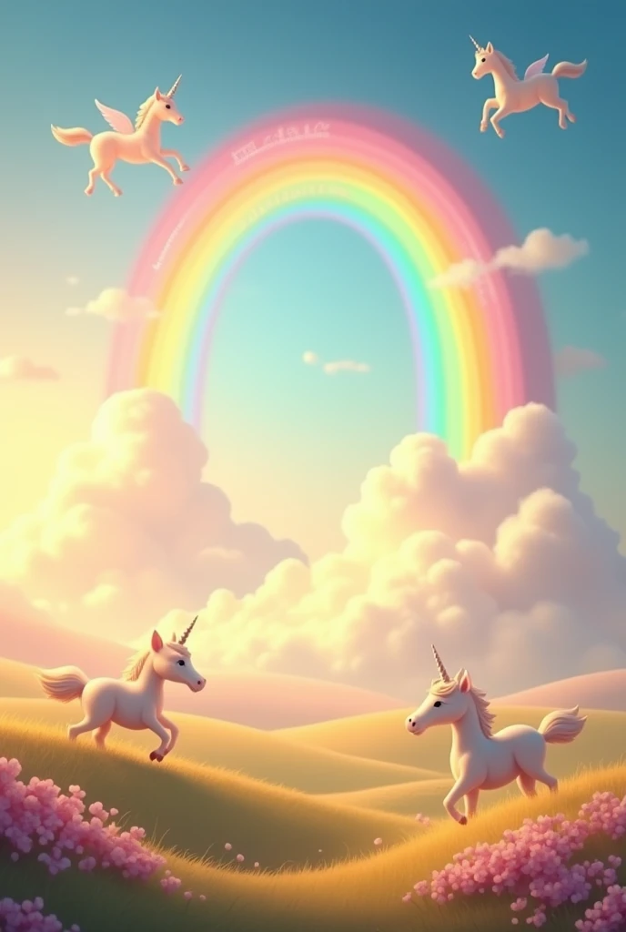 Rainbow with unicorn clouds in Adhara and Alisson font