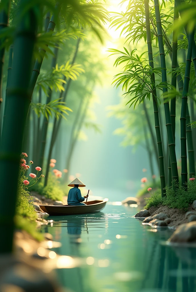 isometric composition, 3d render of a miniature scene of a verdant bamboo forest behind a fisherman fishing at the riverbank, late afternoon