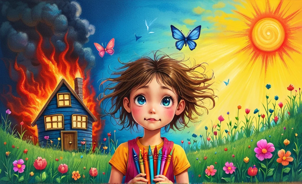 A drawing of a girl holding crayons in front of a house, Children&#39;s fantasy drawings, colorful kids book illustration, Cute and detailed digital art, Colorful illustration, Beautiful Art UHD 4K, Colorful digital fantasy art, Digital cartoon painting art, Colorful HD images, Colorful painting, Colorful painting, Cute digital art, Realistic cute drawings, Colorful illustration, Adorable digital painting