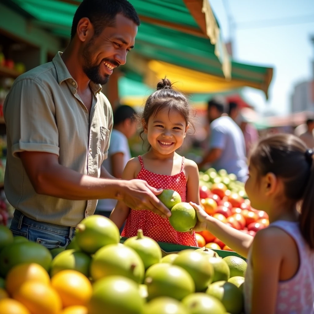 To listen to the happy guava and apple vendor's speech and take the guava from the child and together with a 9-year-old girl in 4k quality
