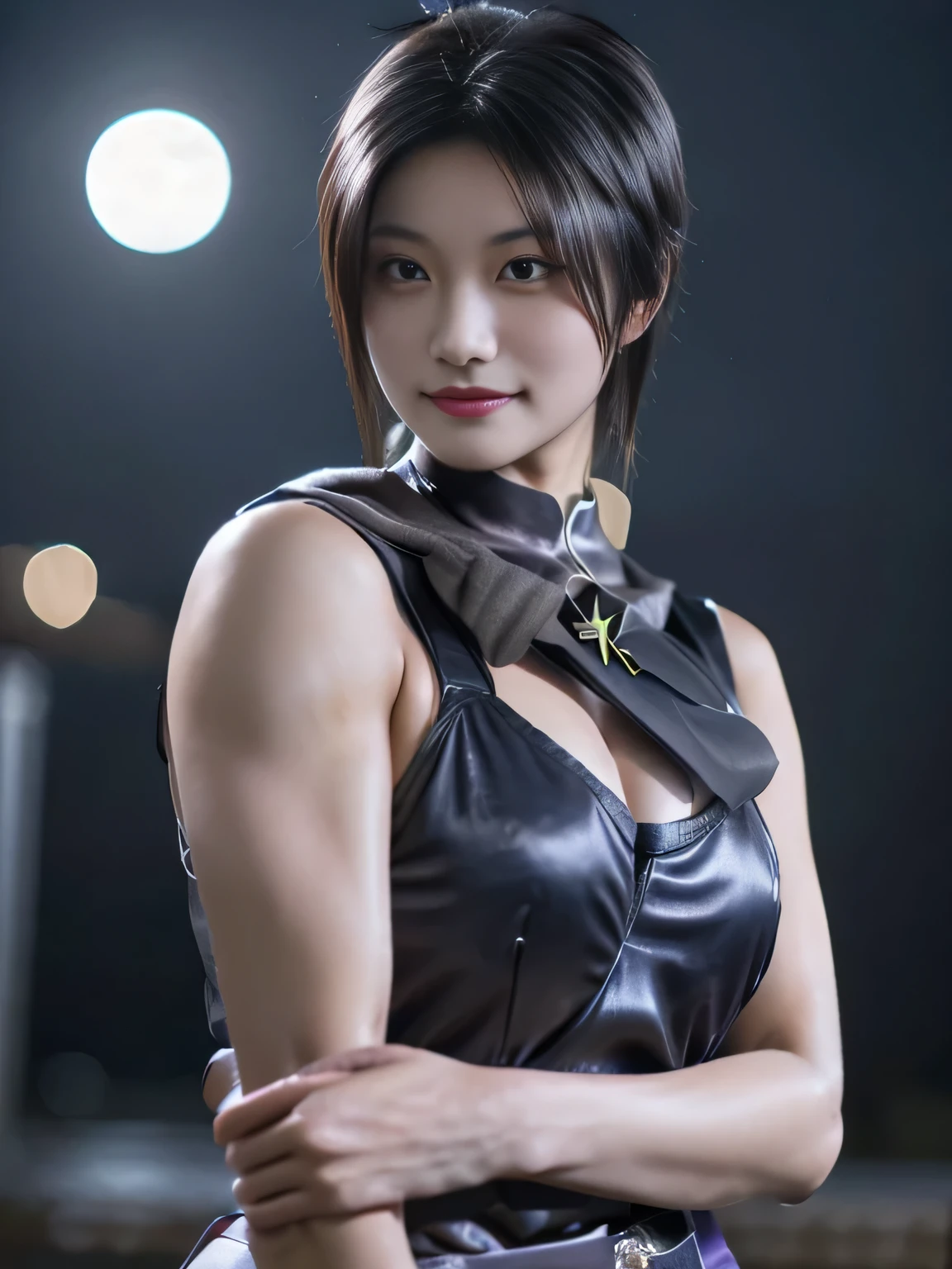 20 year old Japanese beauty,One woman、Muscular body like a bodybuilder、Emphasize the breasts、Slit eyes、A head-to-toe view,Bust is very very large、Full moon night in the background、High quality photos、Clear, crisp images of the lower body、Masterpiece 8k、Smiling、Throwing a shuriken with the right hand、From the front, from the side, from the back, etc.々from what camera angle to shoot、A ninja costume of purplish-red color