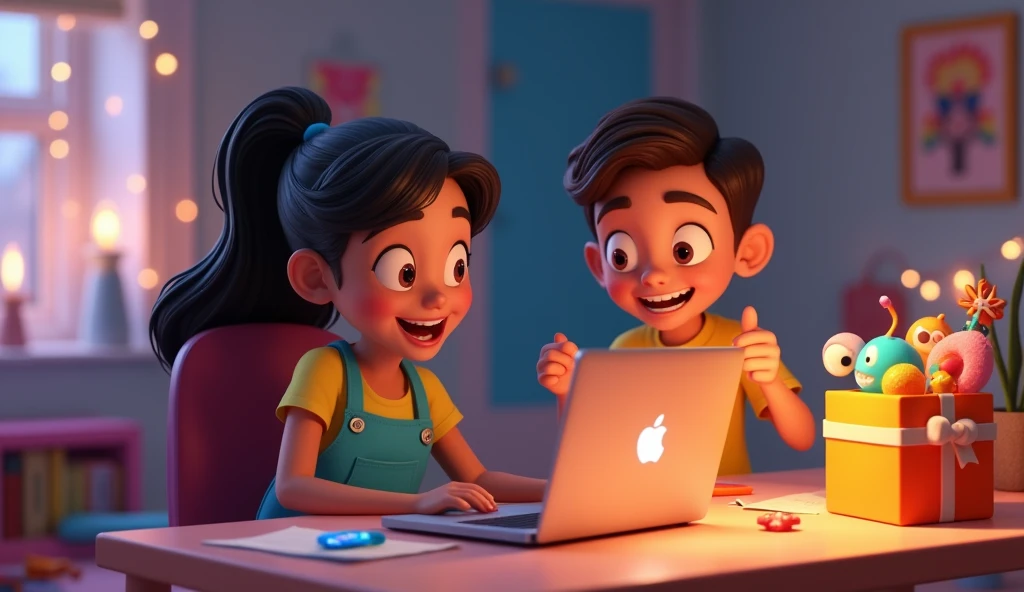 Create animation character 4. Boy and his sister useing laptop. His Jersey  name Tanvir and her jersey name Lamisa.