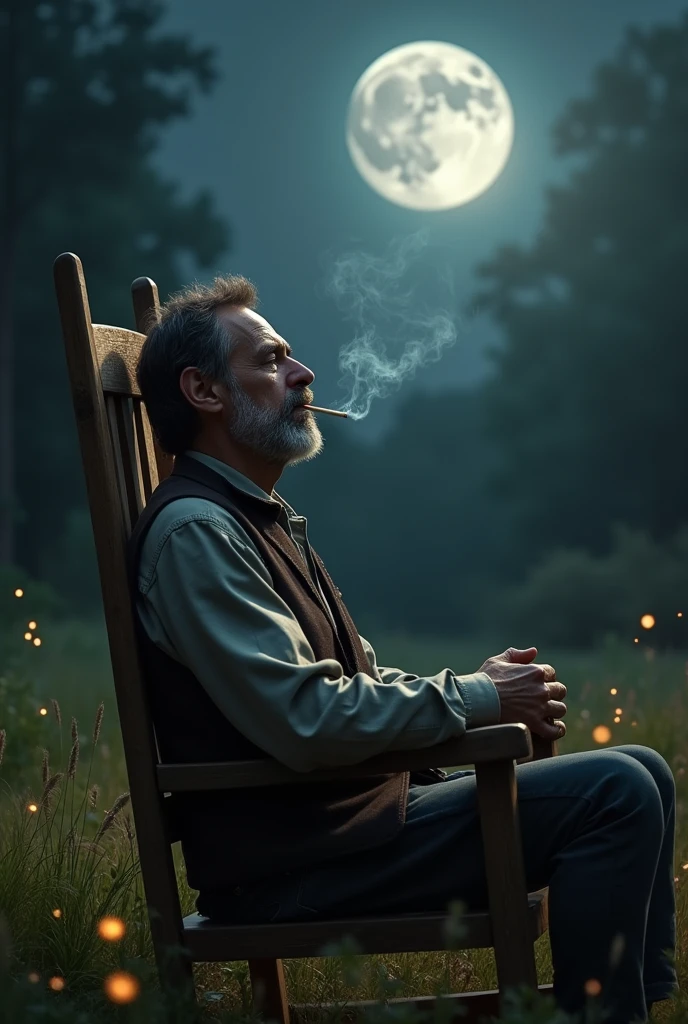 Man smoking in a rocking chair, thinking about absence, watching the moon