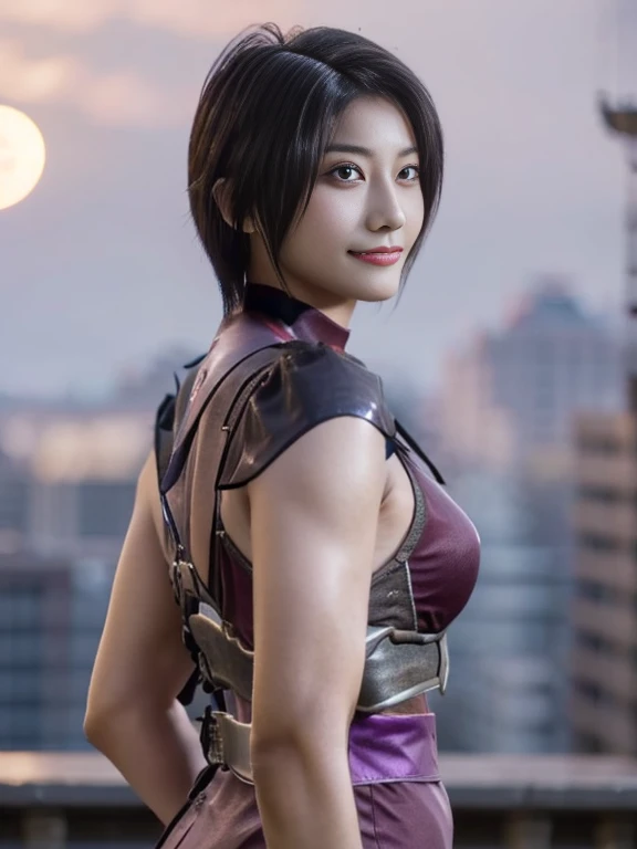 20 year old Japanese beauty,One woman、Muscular body like a bodybuilder、Emphasize the breasts、Slit eyes、A head-to-toe view,Bust is very very large、Full moon night in the background、High quality photos、Clear, crisp images of the lower body、Masterpiece 8k、Smiling、Throwing a shuriken with the right hand、From the front, from the side, from the back, etc.々from what camera angle to shoot、A ninja costume of purplish-red color