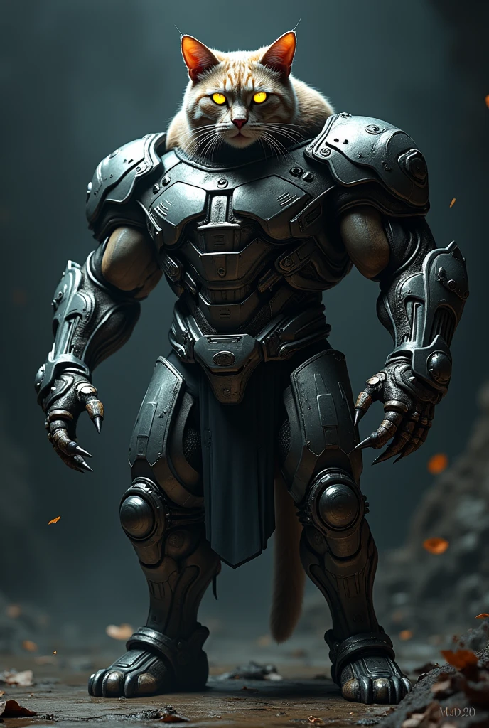 a hulk buster cat, muscular cat in a futuristic armored suit, detailed metal plating, glowing eyes, claws, fierce expression, dramatic lighting, cinematic composition, digital art, concept art, 8k, photorealistic, intricate details, hyper realistic