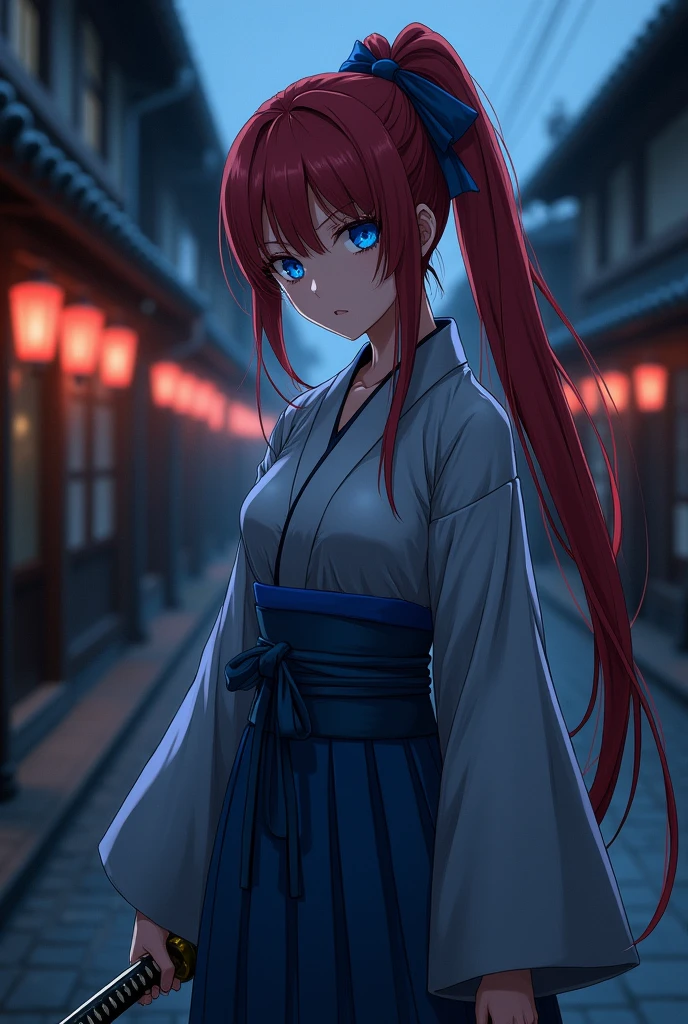 An anime Japanese woman in a kimono, with blue eyes, red hair in a long ponytail, gray hakama, and a blue outfit. She has a katana on her left hip and large breasts. She has a blue ribbon in her hair. It is night, and the street in Kyoto is very dark. She is in the middle of killing, covered in blood pouring down her body like a waterfall. Her face is down, and she is biting her lower lip. Her eyes are devoid of light. She is standing.