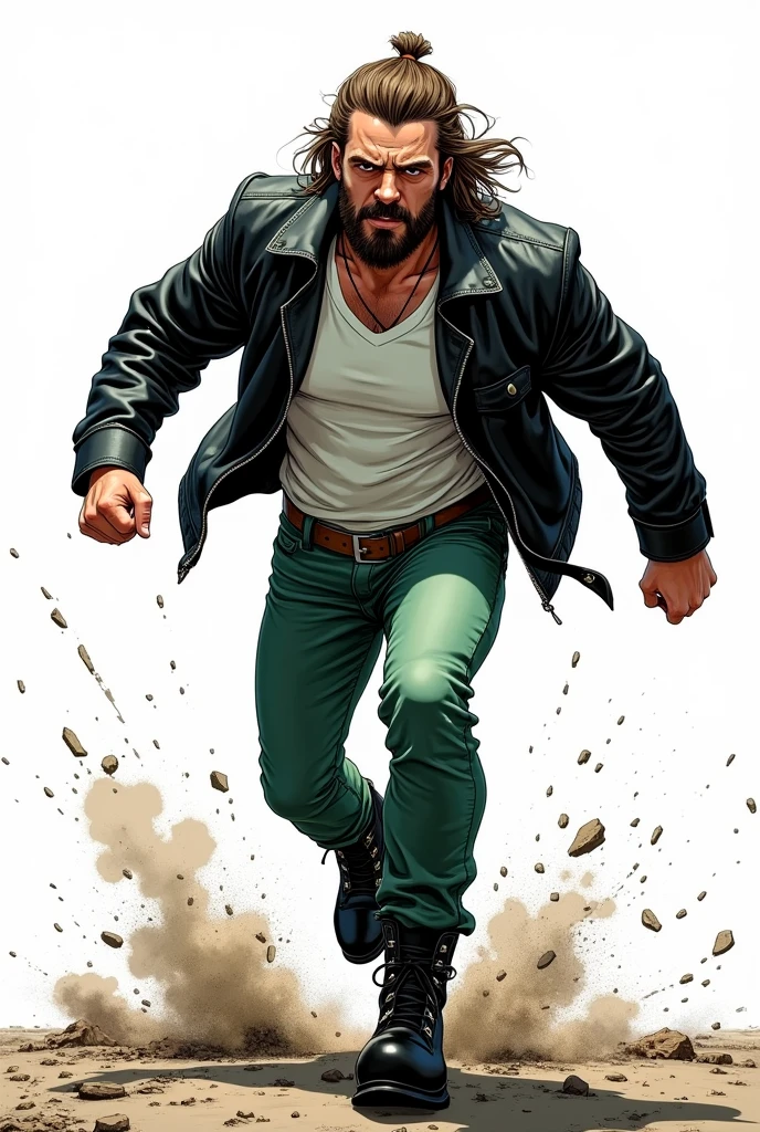 Create a comic book style drawing, bright coloured, high qualiy, a 35-year-old white man, 90 kilos, medium size, Long hair tied up, barba, black leather jacket, white undershirt, green jeans, Black boots, Apocalypse theme, perspective drawing action scene, white background, fully body