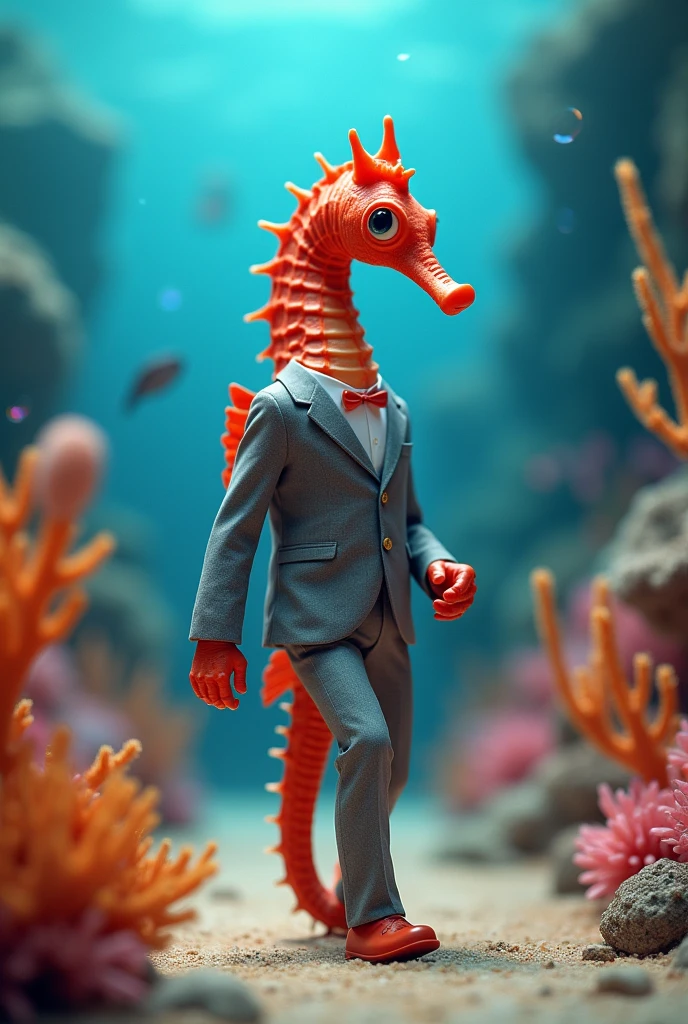 Cute baby Red sea horse with funny giant head wearing muscular business suit in realistic full body fashion show