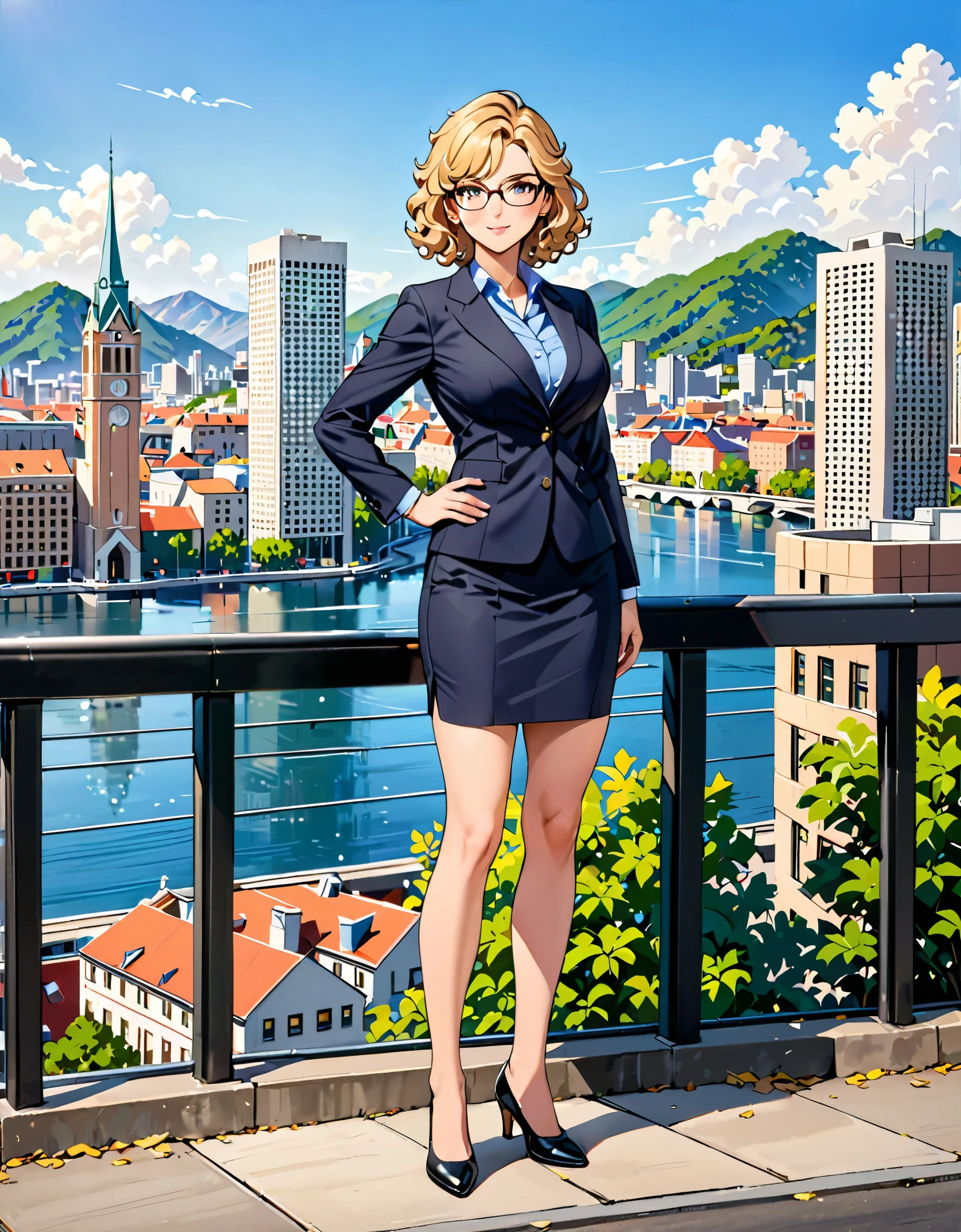 masterpiece, best quality, hires, 1girl, medium breasts, suit, skirt, pencil skirt, bare legs, glasses, black shoes, city backdrop, solo, single, hands on hip, standing, full body shot, cowboy shot, beautiful detailed eyes, beautiful detailed face, (blonde hair, (short hair, wavy hair)), high school backdrop, outdoors, mature lady, teacher, perfect body, good proportions