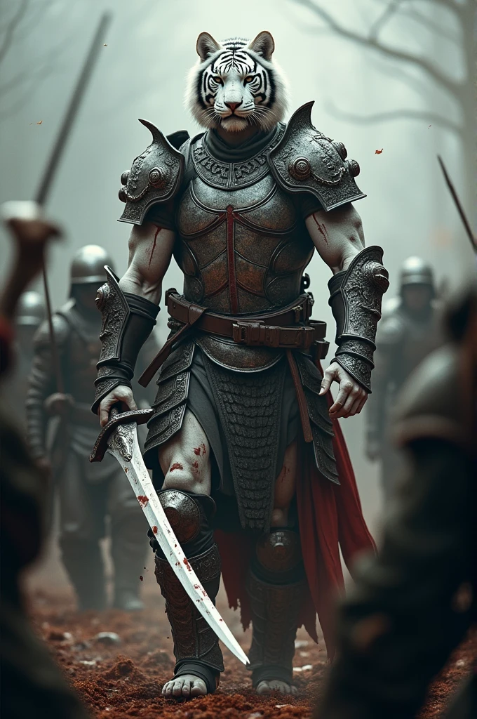 I am in action and I am the White Tiger Warrior. My armor and my sword bear the blood of the enemy. In action on a battlefield. , everyone looks exhausted trying to defend themselves and not die , real very real 48k high contrast gothic horror light photo rules unique piece