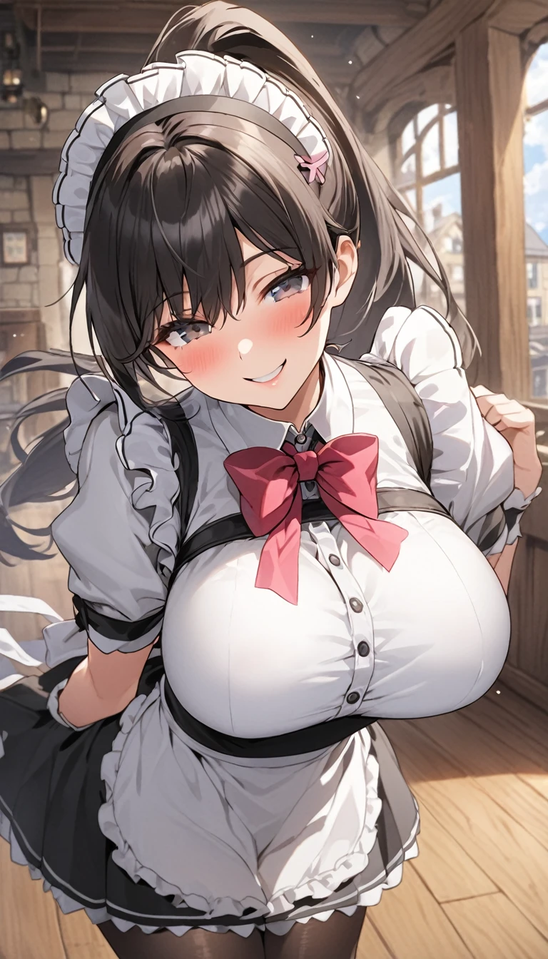 One Woman、beautiful girl、maid、20-year-old、ponytail、Western-style building、maidの、Calm look、Drooping eyes、柔らかなsmile、A motherly expression、、頭にmaidカチューシャ、Short skirt、Black Pantyhose、Ultra-high definition image quality、Highest quality, smile,Big Breasts、Very large breasts、Wipe the floor with a rag、Floor cleaning、Squint your eyes and smile、Breast augmentation