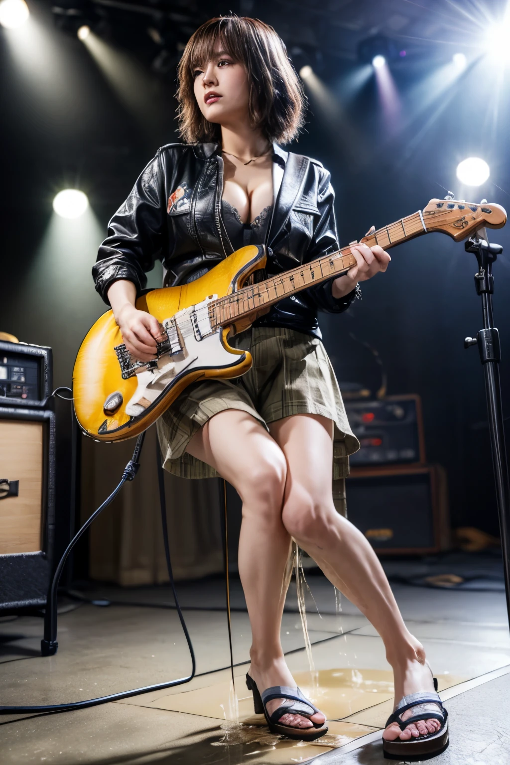 Realistic, photo-realistic, best quality, masterpiece, RAW photo, high resolution, intricate details, extremely detailed, (full body), frontal photography, (view from below:1.2), solo, a 31 years old Japanese woman, guitarist, (playing a electric guitar:1.4), (jacket, shirtless, skirt, sandals), pale skin, detailed face, beautiful detailed eyes, sophisticated nose, short hair, (large breasts, cleavage), (peeing self, pee stay, urinate a lot, urination:1.5), (pee puddle), photo background, indoors, concert, live stage, basking in the light from behind, lens flare, various lighting effects used in live concerts, 