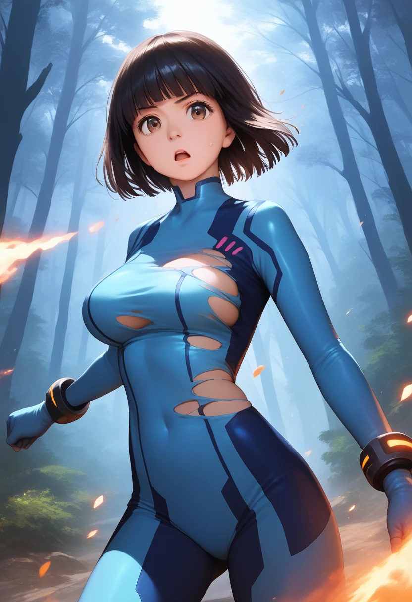score_9,score_8_up,score_7_up,masterpiece,best quality, source anime, realistic, super detailed, extreme detailed, rating_safe, 
1girl, solo, fighting pose, cowboy shot,
BREAK 22yo, short hair, bob cut, (blunt bangs), black hair, (tareme, detailed cute brown eyes), curled eyelashes, (large breasts:0.9), 
shiny hair, beautiful detailed eyes, beautiful face,
zero suit, (torn clothes:1.4), sweat,
serious, open mouth,
forest, night, (tree, darkness:1.3), 