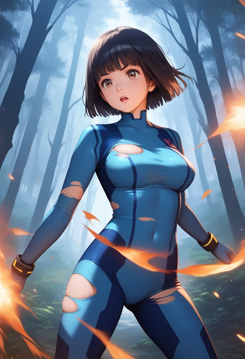 score_9,score_8_up,score_7_up,masterpiece,best quality, source anime, realistic, super detailed, extreme detailed, rating_safe, 
1girl, solo, fighting pose, cowboy shot,
BREAK 22yo, short hair, bob cut, (blunt bangs), black hair, (tareme, detailed cute brown eyes), curled eyelashes, (large breasts:0.9), 
shiny hair, beautiful detailed eyes, beautiful face,
zero suit, (torn clothes:1.4), sweat,
serious, open mouth,
forest, night, (tree, darkness:1.3), 