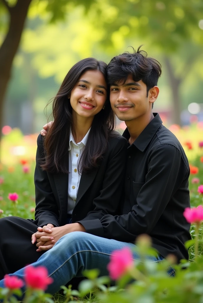 A 19 year old Indian school pritty fair skinned girl in a white school shirt and black coat uniform is sitting on the lap of a 17 year old Indian boy with long black hair wearing a black shirt and jeans in an Indian park. Both are looking straight at the camera. There is an atmosphere of love all around.
