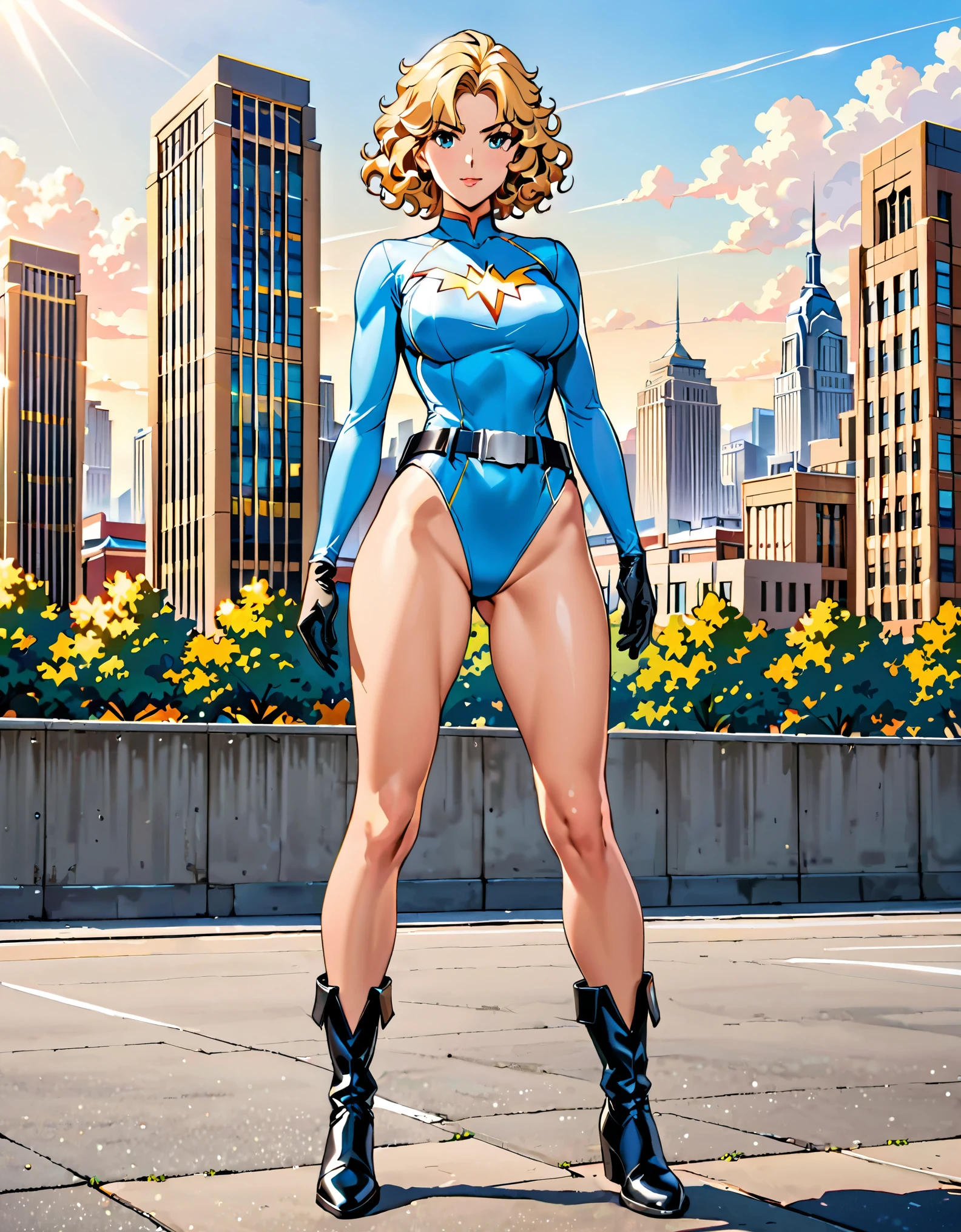 masterpiece, best quality, hires, 1girl, medium breasts, ((leotard, light blue leotard)), long sleeves, (lighting bolt /(emblem on chest/), (bare legs), ((fastened tight belt)), black boots, matching boots, black gloves, city backdrop, solo, single, standing, full body shot, cowboy shot, superhero, beautiful detailed eyes, beautiful detailed face, blonde hair, (short hair), wavy hair, high school backdrop, outdoors, mature lady, teacher, perfect body, good proportions