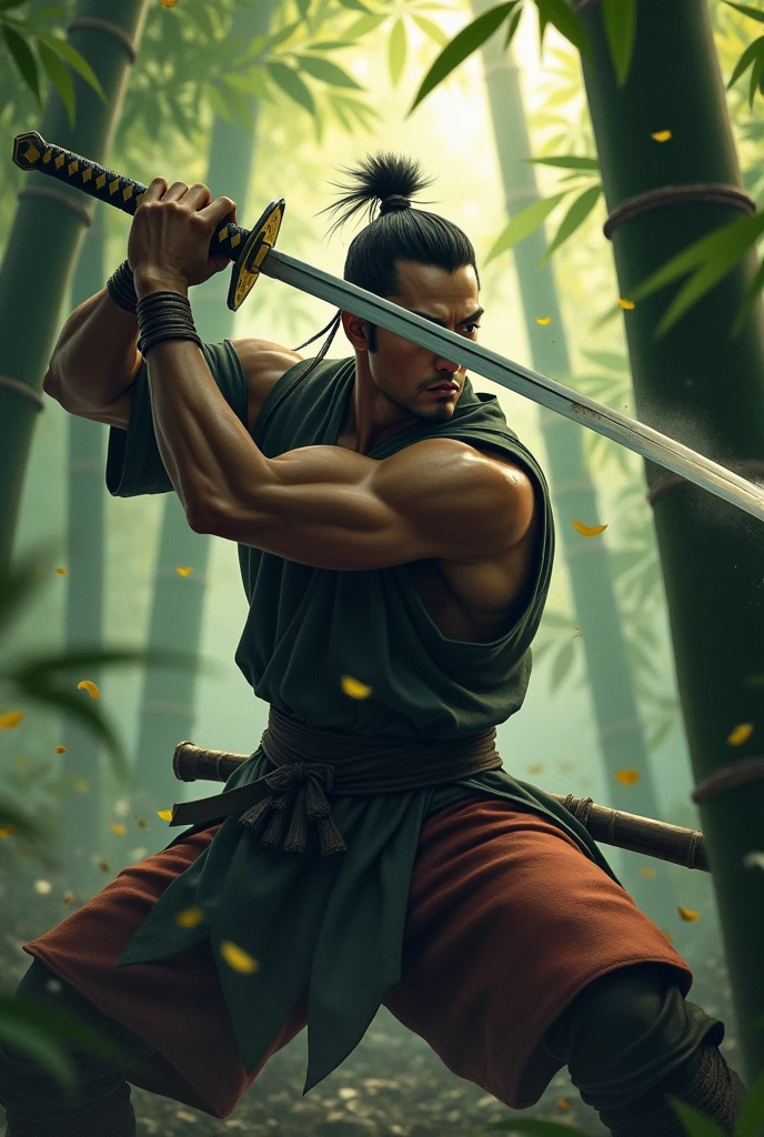 A skilled Samurai in mid-action, slicing through a bamboo tree with his razor-sharp katana, set within a dense and misty bamboo forest. The scene captures the motion and intensity, with bamboo leaves scattering in the air. The Samurai's expression is focused, and his muscles tense, showcasing realistic skin and textures under dappled sunlight filtering through the bamboo canopy. The atmosphere is charged with energy, and the scene feels alive, with the crisp sound of the katana cutting through bamboo echoing in the forest.
