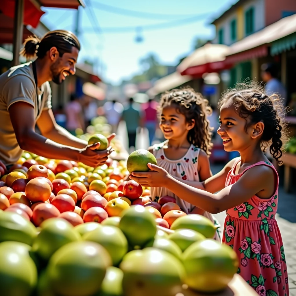 To listen to the happy guava and apple vendor's speech and take the guava from the child and together with a 9-year-old girl in 4k quality
