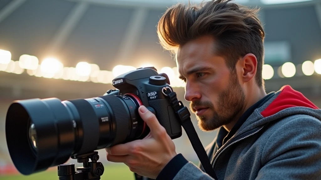 Profile portrait of a man in photography mode, fair complexion, hair styled upwards, holding black DSLR camera with extended lens, ready to capture a moment. He wears gray jacket with red collar, amidst blurred outdoor setting with hint of stadium lights and clear sky, capturing the essence of early morning or evening light.