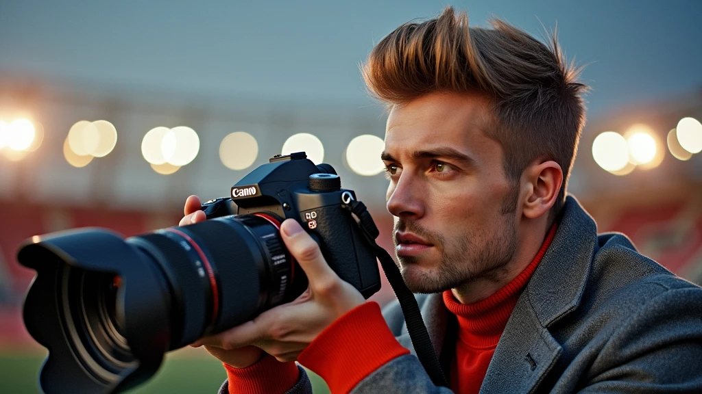 Profile portrait of a man in photography mode, fair complexion, hair styled upwards, holding black DSLR camera with extended lens, ready to capture a moment. He wears gray jacket with red collar, amidst blurred outdoor setting with hint of stadium lights and clear sky, capturing the essence of early morning or evening light.