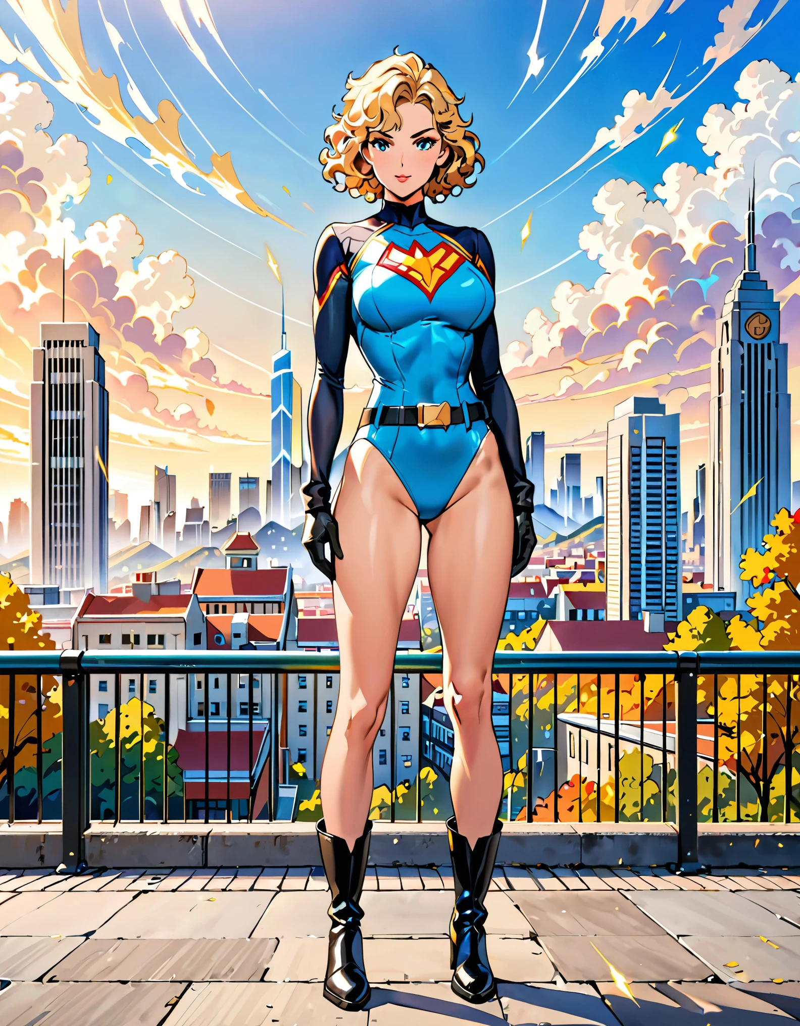 masterpiece, best quality, hires, 1girl, medium breasts, ((leotard, light blue leotard)), long sleeves, (lighting bolt /(emblem on chest/), (bare legs), ((fastened tight belt)), black boots, matching boots, black gloves, city backdrop, solo, single, standing, full body shot, cowboy shot, superhero, beautiful detailed eyes, beautiful detailed face, blonde hair, (short hair), wavy hair, high school backdrop, outdoors, mature lady, teacher, perfect body, good proportions