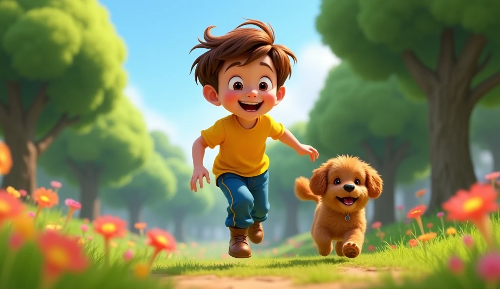 Image of a cheerful boy with brown hair,yellow shirt and blue pants for kids in Disney Pixar style,running with a small brown dog