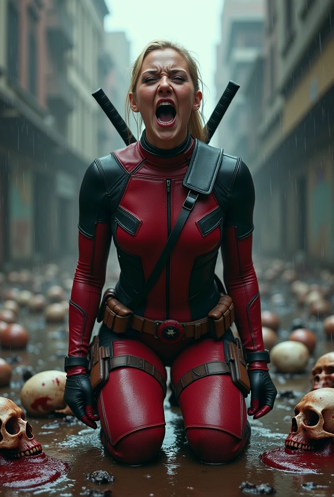 A beautiful woman with long blonde hair pulled back in a ponytail, Wanda Wilson, aka Lady Deadpool, wearing the red and black leather suit with a brown leather harness over her chest, kneels, screaming in exhaustion after a battle, blood and skulls around her. She's wearing red leather gloves and boots. The scene is set in a rain-soaked apocalyptic city, blood on her hands and face. Marvel Studios logo is present throughout the image. 