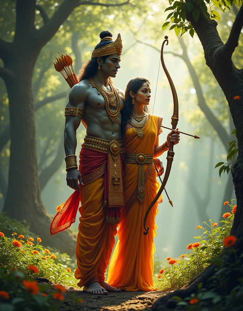 Design an image of Lord Rama with his bow and arrow, standing tall in a serene forest setting with Sita by his side, showcasing an aura of valor and righteousness."