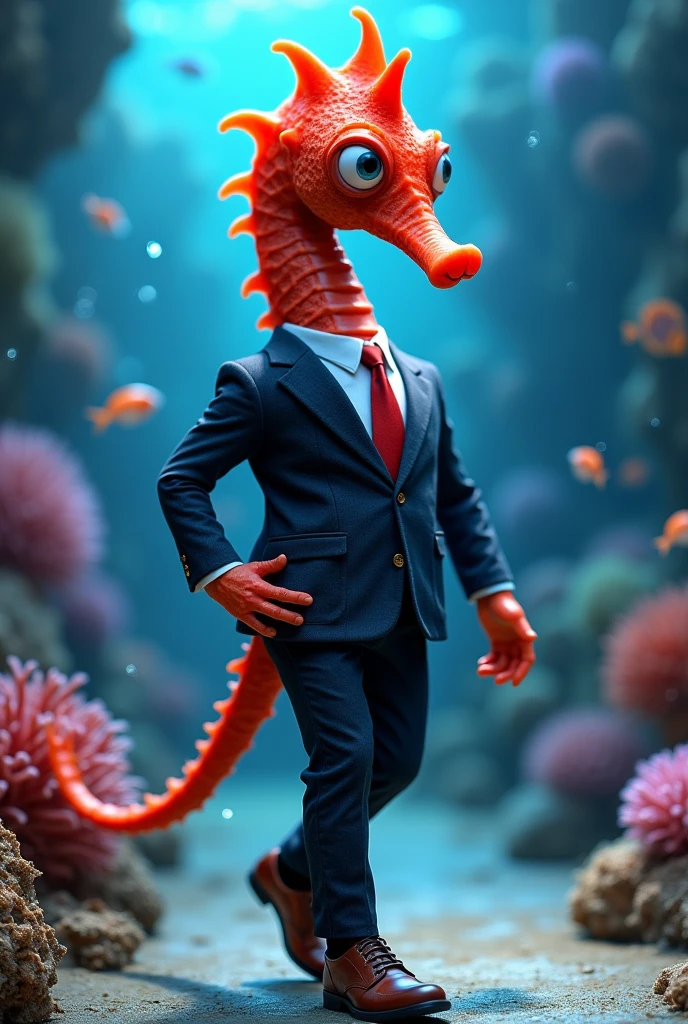 Cute baby Red sea horse with funny giant head wearing muscular business suit in realistic full body fashion show
