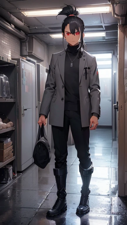 (detailed), (((normal guy))), (Arabic characteristics), ((gray wool jacket)), ((pelo negro rizado Ponytail hairstyle)), ((Ponytail hairstyle)), (calm face), ((by the width)), ((coffee boots)), (((whole body))), ((in a cyberpunk room)), ((male)), (gray turtleneck sweater), ((only one person)), (at night), terror, ((eyes glowing red)), In the dark