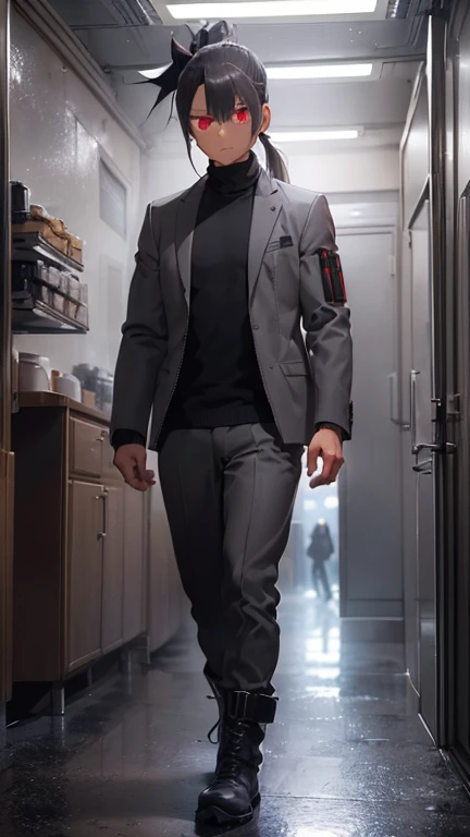 (detailed), (((normal guy))), (Arabic characteristics), ((gray wool jacket)), ((pelo negro rizado Ponytail hairstyle)), ((Ponytail hairstyle)), (calm face), ((by the width)), ((coffee boots)), (((whole body))), ((in a cyberpunk room)), ((male)), (gray turtleneck sweater), ((only one person)), (at night), terror, ((eyes glowing red)), In the dark