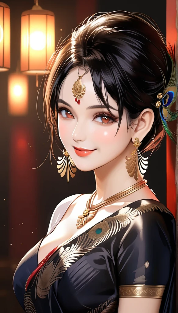 A beautiful mature woman bending down, intricate peacock feather earrings, detailed alluring eyes, smooth lips, smiling, red lipstick, exposed navel, bangles, saggy breasts, photorealistic, 8k, high quality, masterpiece, cinematic lighting, vibrant colors, intricate details, short messy hair, tattoo on neck, plain silk black traditional saree