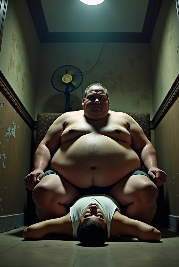 A man crushed by a fat man sitting with his stomach exposed in a narrow room.