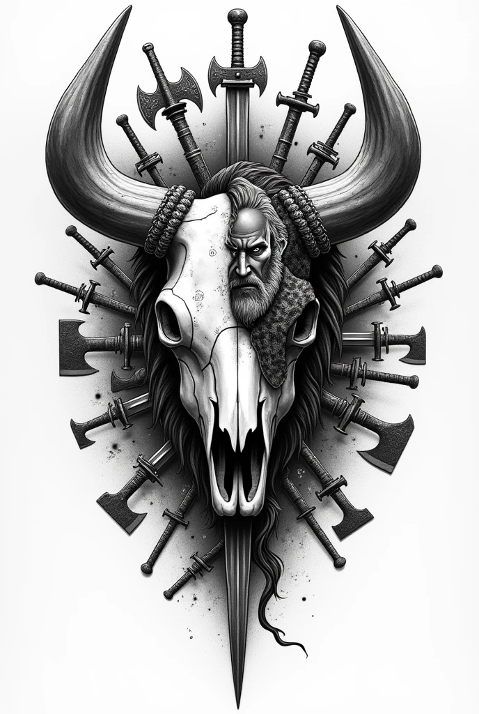Create a black and white pointillism tattoo of a Viking cow skull with a warrior's face in pointillism and medieval weapons in pointillism warrior's face