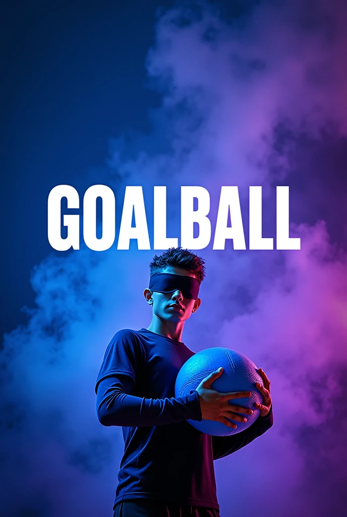 Rectangular image with a blue and purple background, with the word GOALBALL written in white and a character wearing a blindfold holding a blue ball. 
