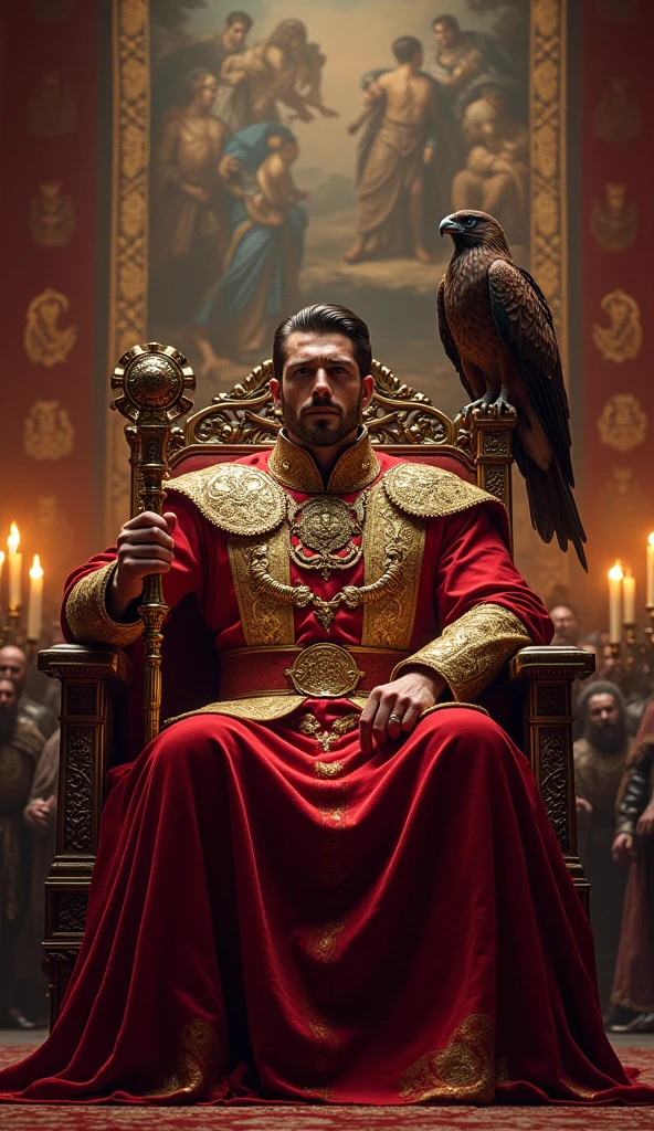 a powerful, handsome, and imposing emperor, with European features, wearing a crown, holding a scepter and sitting on a throne with a falcon.